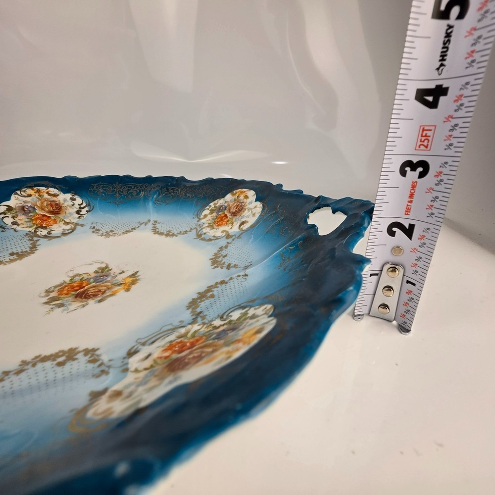 Antique German Porcelain Bowl Teal Blue Ombre Roses Gold Scrollwork Crown Mark - Picture 9 of 9